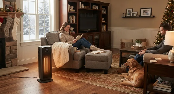 A modern electric infrared space heater warming a cozy American living room during winter.