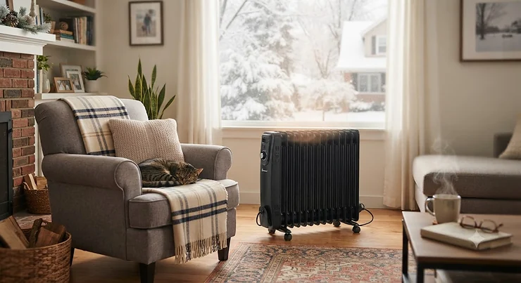 Illustration of the best oil filled heater warming a cozy living room during winter.
