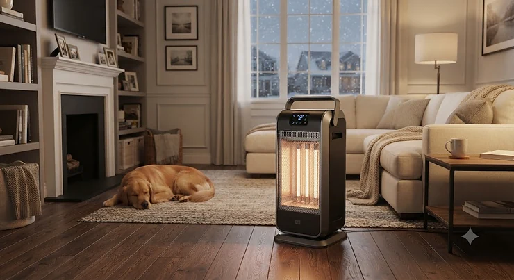 A sleek, modern best portable infrared heater warming a cozy American living room during winter.