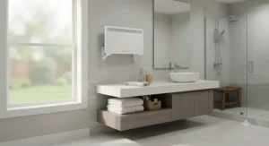 A compact white best wall mount infrared heater mounted securely in a modern suburban home bathroom.