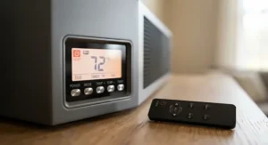 Close-up view of a digital control panel and remote control for a high-efficiency best wall mount infrared heater.