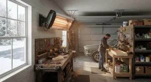 A heavy-duty best wall mount infrared heater warming up a residential home garage and DIY workspace during winter.