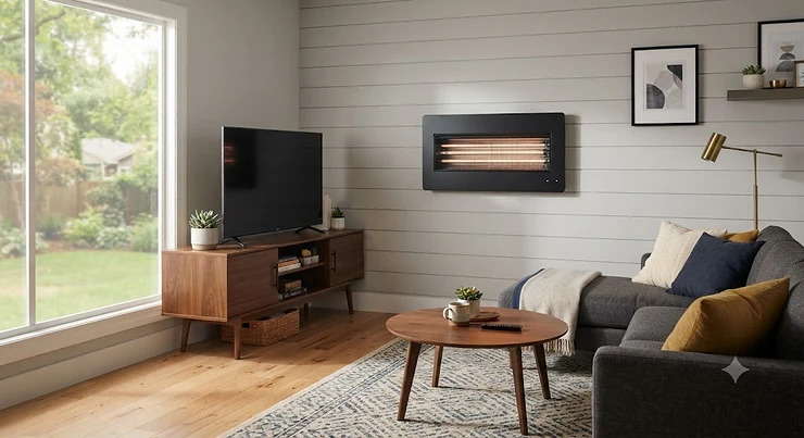 A sleek black best wall mount infrared heater installed in a modern American living room providing efficient zone heating.