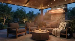 An electric best wall mount infrared heater mounted on a covered backyard patio keeping a seating area warm during chilly evenings.