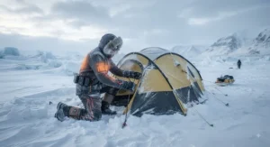 Camper setting up a base camp in the snow while wearing a high-performance heated body suit for polar camping.