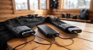 A portable power bank charging the dual batteries of a battery heated body suit for skiing on a wooden table.