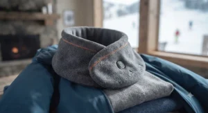 Ergonomic design of a soft fleece heated neck wrap for skiing resting on winter apparel.