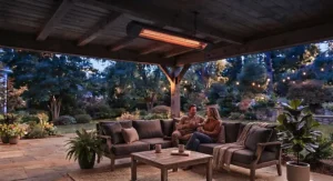Commercial-style infrared heater for covered patio installed on a modern backyard pergola.