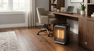 A compact best portable infrared heater placed safely on a hardwood floor in a home office.