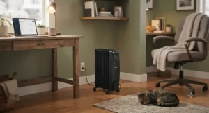 Illustration of a compact, low-profile oil filled heater placed in a home office or dorm room.