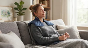 A person relaxing on a sofa using a traditional plug-in electric heating pad draped across their neck and shoulders.