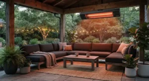 Energy-efficient infrared heater for covered patio casting a warm glow over a stylish patio lounge.