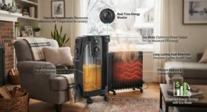 Diagram showing energy-saving features of the best oil filled heater for low electricity bills.