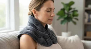 An ergonomic, weighted heated neck wrap conforming tightly around the cervical spine and shoulders for deep muscle relaxation.