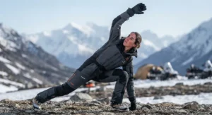 A model demonstrating the flexible and ergonomic design of a high-performance heated suit for extreme cold.