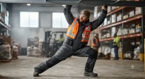 Worker demonstrating full range of motion and flexibility while wearing a heated body suit for work.