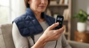 A hand operating a digital controller for an electric heating pad neck model with multiple temperature settings.