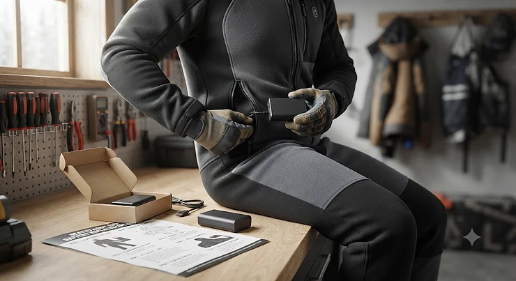 Step-by-step guide on how to perform a heated body suit battery replacement for cold weather gear.
