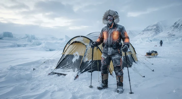 Explorer wearing a heated body suit while polar camping in extreme Arctic winter conditions.