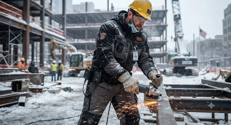 Construction worker wearing a heavy-duty heated body suit for work outdoors during winter.