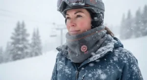 A skier staying warm in a snowstorm using a heated neck wrap for skiing.