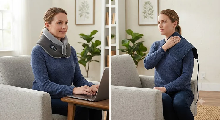 Comparison side-by-side of a wearable heated neck wrap and a traditional electric heating pad draped over a shoulder, illustrating a heated neck wrap vs heating pad neck setup.