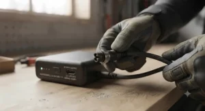Detailed view of the DC power cable connector used during a heated body suit battery replacement.