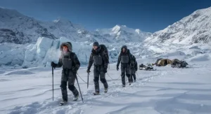 Adventurers wearing advanced heated suits for extreme cold while exploring arctic landscape conditions.