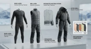 An illustration showing the layering system of a heated suit for extreme cold, including thermal base layers and outer shell.