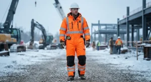 Heavy-duty hi-vis heated body suit featuring reinforced knees and weather-resistant outer shell.