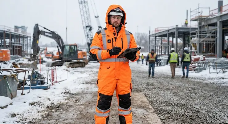 A worker wearing a bright orange hi-vis heated body suit with reflective safety stripes outdoors in cold weather.