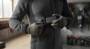Hands opening the inner pocket compartment during a heated body suit battery replacement process.
