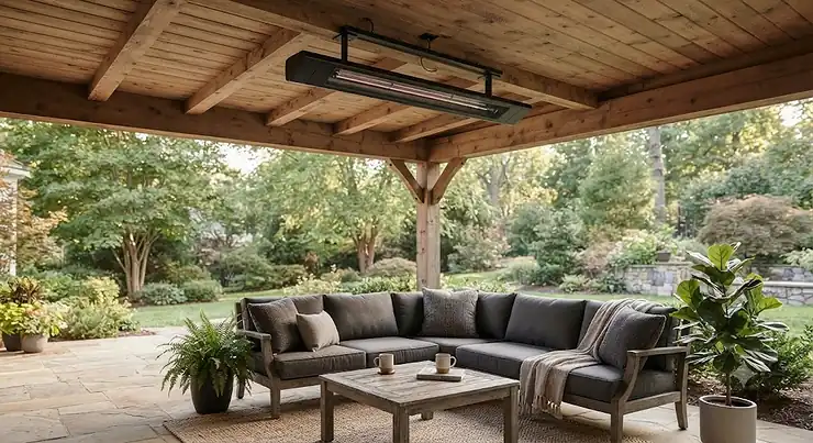 Sleek infrared heater for covered patio mounted on a wooden outdoor ceiling above a seating area.