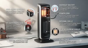 Diagram highlighting safety features like tip-over protection and cool-touch exterior on an infrared heater.