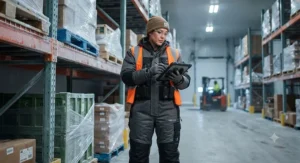 Warehouse employee staying warm in a cold storage facility while wearing a heated body suit for work.