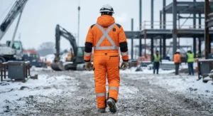 Back view of a high-visibility heated body suit showing ANSI-compliant reflective striping and insulated fabric.