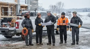 Diverse team of outdoor tradespeople equipped with heated body suits for work during cold winter months.