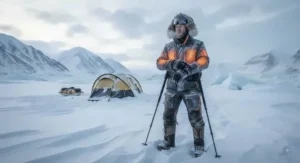 A man testing a heated body suit for polar camping, standing in deep snow.