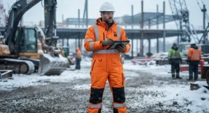 Construction worker wearing a durable hi-vis heated body suit designed for freezing job sites.