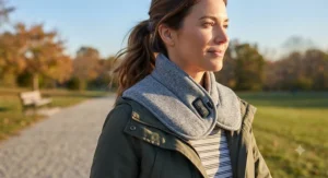 A close-up of a portable heated neck wrap showing freedom of movement while walking outdoors compared to a stationary heating pad.