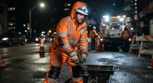 Utility worker wearing a reflective hi-vis heated body suit during a night shift road repair.