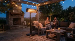 Heavy-duty outdoor infrared heater warming a back patio seating area on a chilly evening.