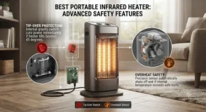 An instructional graphic highlighting tip-over protection and overheat safety on the best portable infrared heater.