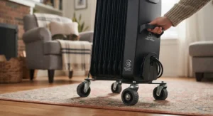 Illustration showing heavy-duty caster wheels and a carry handle for easy portability of an oil filled radiator.