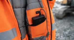 Rechargeable lithium-ion battery pack connected to a pocket inside the hi-vis heated body suit.