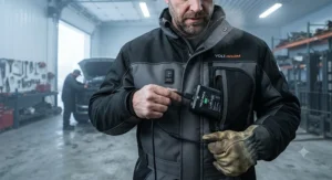Lithium-ion rechargeable battery pack connected to a heated body suit for work in a cold garage.