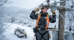 Utility technician working on outdoor electrical lines in freezing weather in a heated body suit for work.