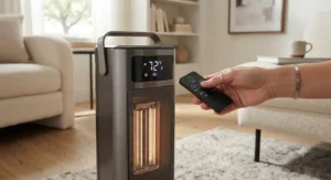 A hand using a remote control to adjust the temperature on the best portable infrared heater.