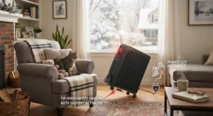Illustration highlighting tip-over protection and auto-shutoff on the best oil filled heater for homes with kids and pets.