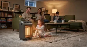 A family relaxing near a cool-touch best portable infrared heater in a carpeted basement den.